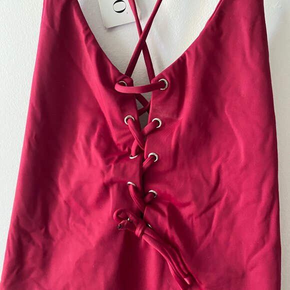 Indigo Swimwear - Red one piece bathing suit with front and back tie, Size Mediu - Picture 2 of 5